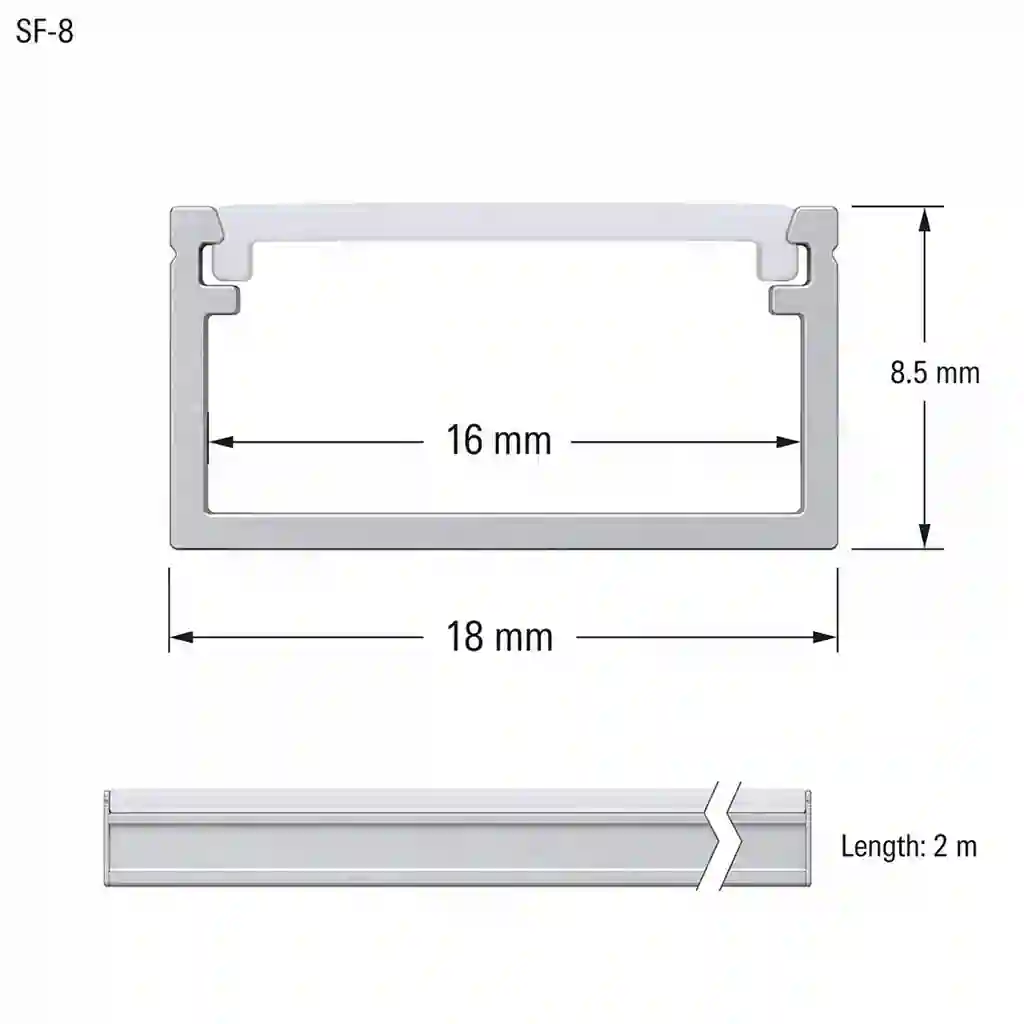 Pohled shora na profil SF-8 18mm kanál 16mm výška 8,5mm stříbrný elox délka 2 metry